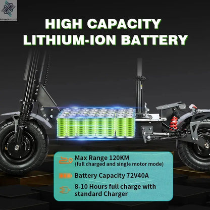 X13 inch 10000W Dual Motor 72V40Ah 60V50Ah Battery Electric Scooter Max Speed 120km/h Range 120km LCD Display Foldable Escooter Ai-TechWorld 