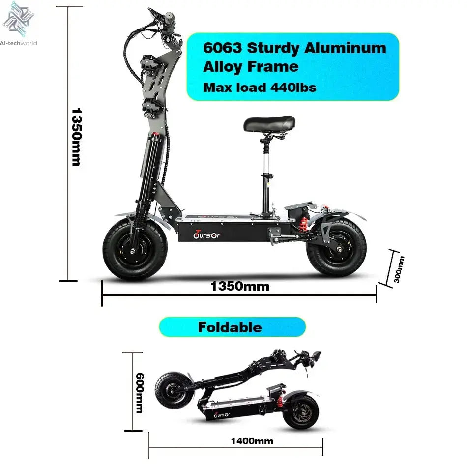 X13 inch 10000W Dual Motor 72V40Ah 60V50Ah Battery Electric Scooter Max Speed 120km/h Range 120km LCD Display Foldable Escooter Ai-TechWorld 