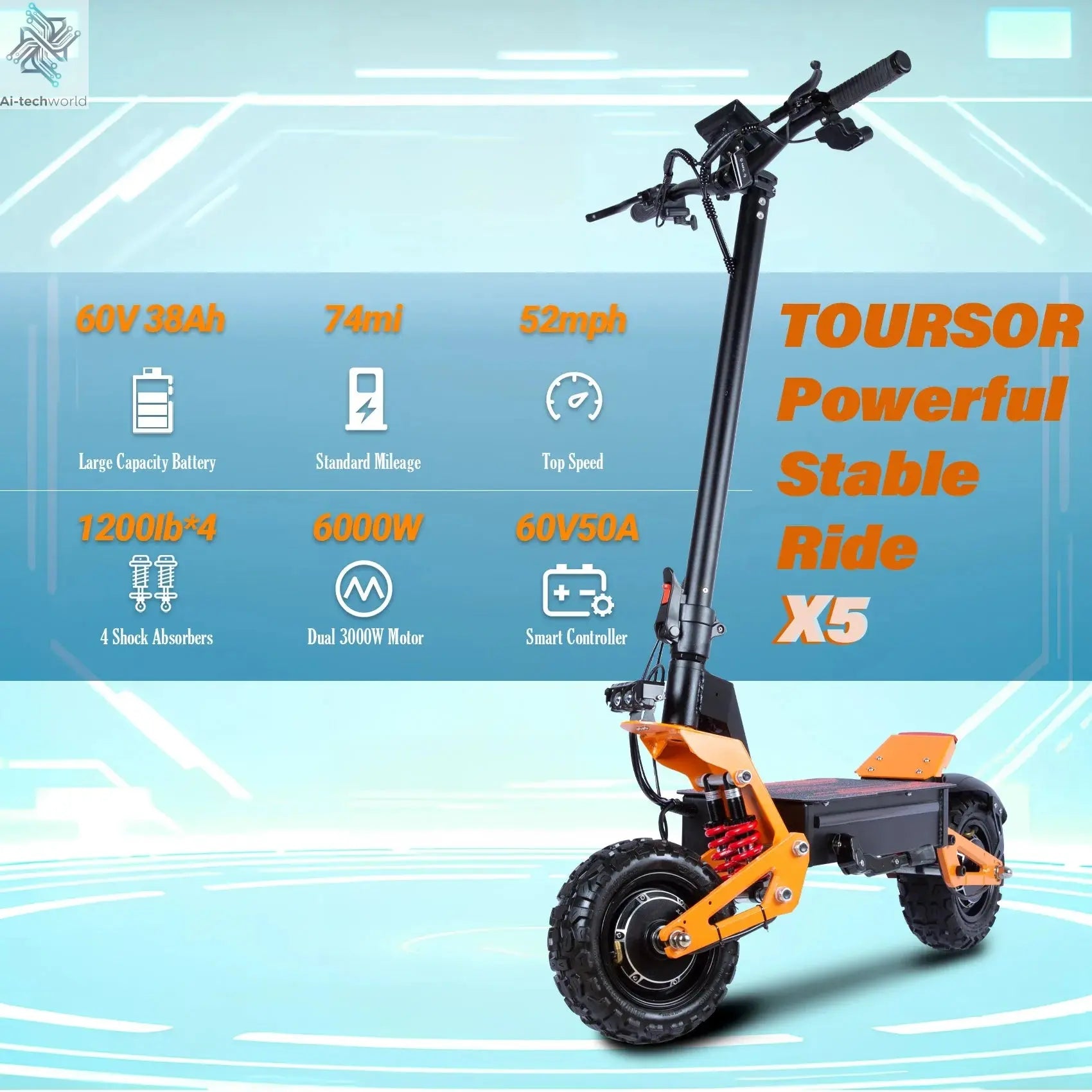 X5 6000W Dual Motor Eelectric Scooter Stock 60v 40ah Large Battery Remote Scooter with Seat 11-inch Tires Ai-TechWorld 