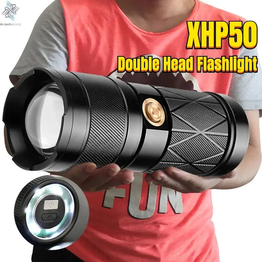 XHP50 Super Bright Led Double Head Flashlight Waterproof Rechargeable Zoomable Torch Work Light Spotlight Floodling Lantern Ai-TechWorld 