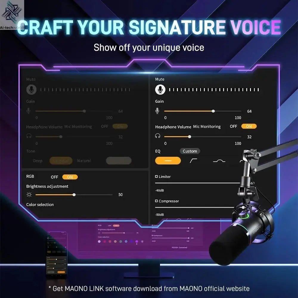 XLR/USB Dynamic Microphone, RGB Gaming Mic with Software, Mute, Gain Knob, Volume Control and Headphone Jack Ai-TechWorld