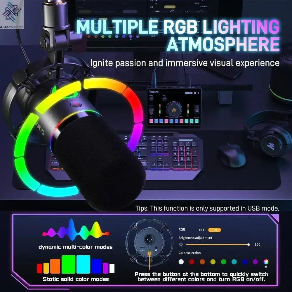 XLR/USB Dynamic Microphone, RGB Gaming Mic with Software, Mute, Gain Knob, Volume Control and Headphone Jack Ai-TechWorld