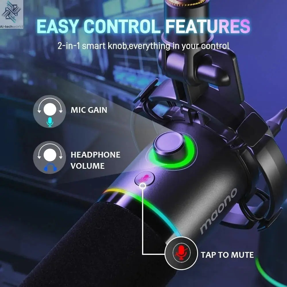XLR/USB Dynamic Microphone, RGB Gaming Mic with Software, Mute, Gain Knob, Volume Control and Headphone Jack Ai-TechWorld