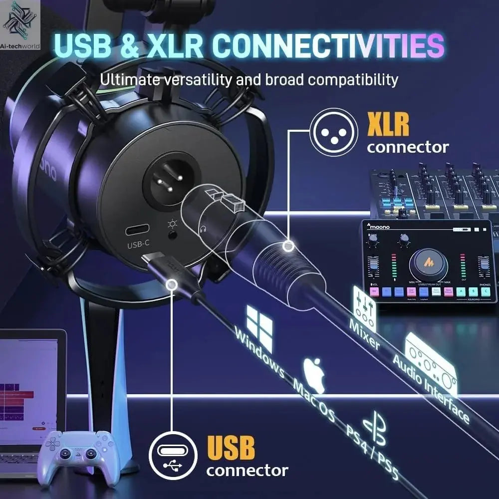 XLR/USB Dynamic Microphone, RGB Gaming Mic with Software, Mute, Gain Knob, Volume Control and Headphone Jack Ai-TechWorld