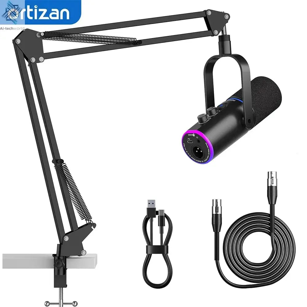 XLR/USB Podcast Microphone, Gaming Mic with Mute Button, Reverb Effects, Noise Cancellation, Boom Arm Stand, Headphones Jack Ai-TechWorld 