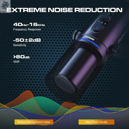 XLR/USB Podcast Microphone, Gaming Mic with Mute Button, Reverb Effects, Noise Cancellation, Boom Arm Stand, Headphones Jack Ai-TechWorld 