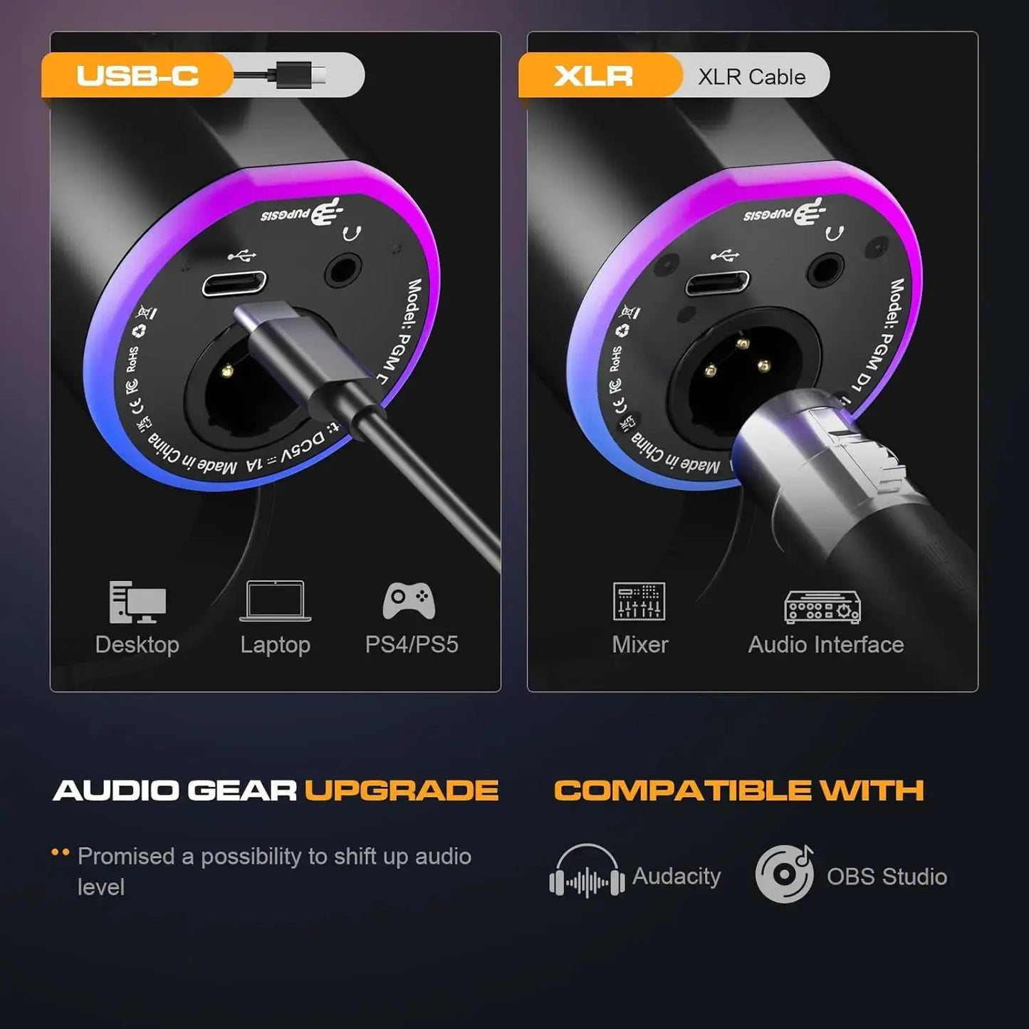 XLR/USB Podcast Microphone, Gaming Mic with Mute Button, Reverb Effects, Noise Cancellation, Boom Arm Stand, Headphones Jack Ai-TechWorld 