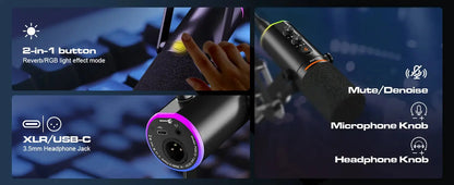 XLR/USB Podcast Microphone, Gaming Mic with Mute Button, Reverb Effects, Noise Cancellation, Boom Arm Stand, Headphones Jack Ai-TechWorld 