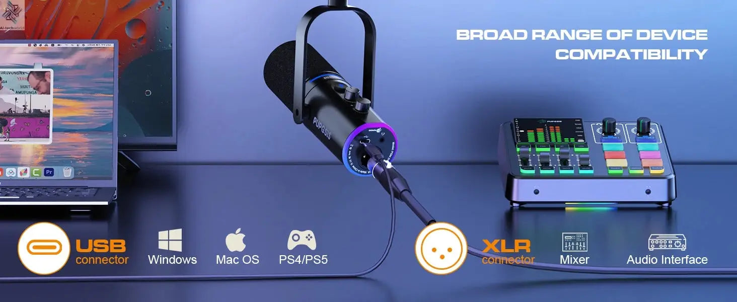 XLR/USB Podcast Microphone, Gaming Mic with Mute Button, Reverb Effects, Noise Cancellation, Boom Arm Stand, Headphones Jack Ai-TechWorld 