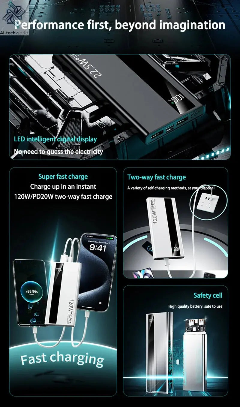 Xiaomi 500000mAh High Capacity PowerBank 120W Super Fast Charging Portable External Battery Powerbank for iphone Huawei Ai-TechWorld 