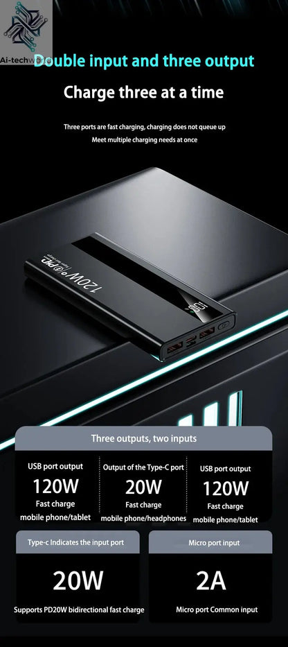 Xiaomi 500000mAh High Capacity PowerBank 120W Super Fast Charging Portable External Battery Powerbank for iphone Huawei Ai-TechWorld 