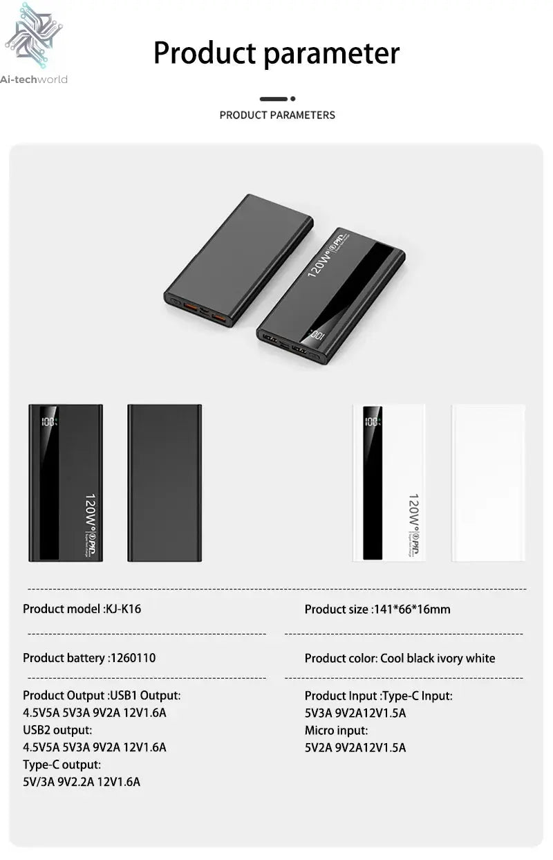 Xiaomi 500000mAh High Capacity PowerBank 120W Super Fast Charging Portable External Battery Powerbank for iphone Huawei Ai-TechWorld 