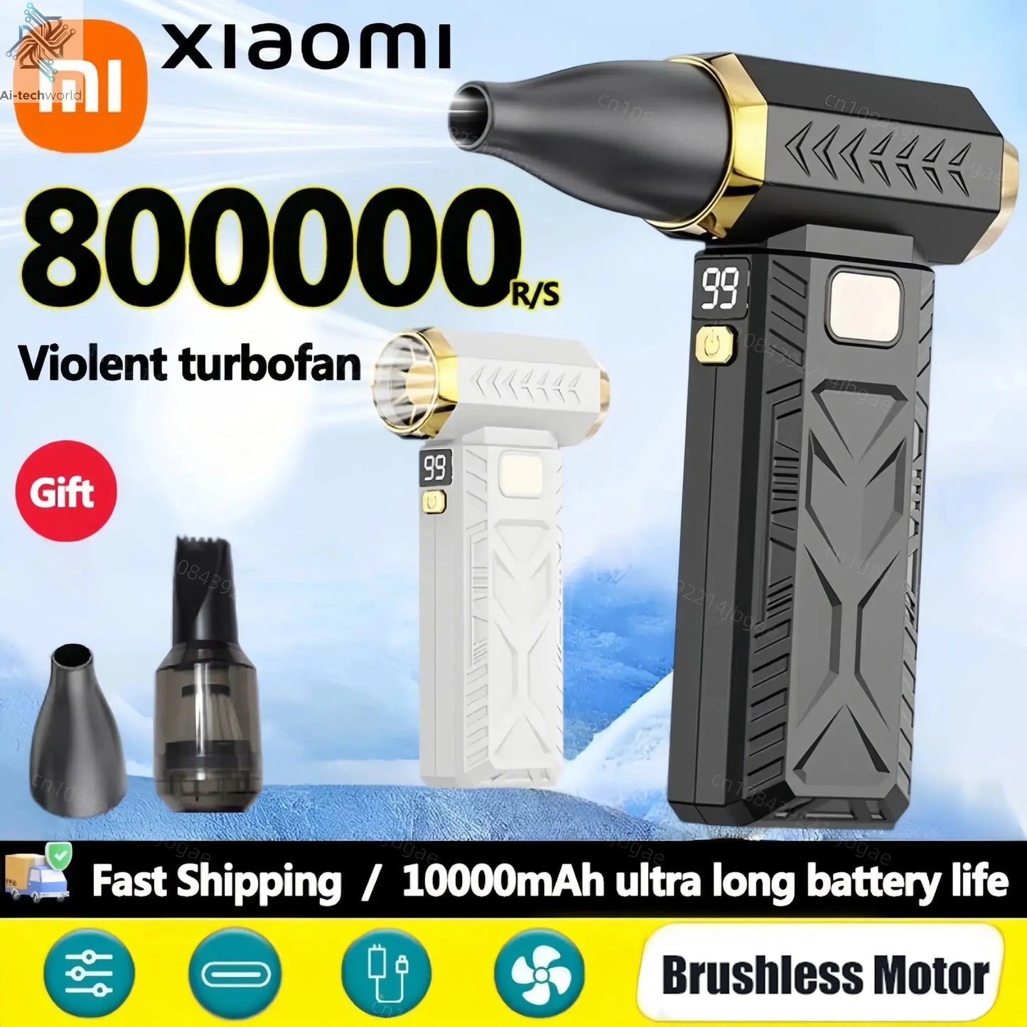 Xiaomi 800000RPM Violent Fan Super Powerful Air Blower Vacuum Blowing Suction Led Lighting 6 - Speed Regulation Brushless Turbo - Ai - TechWorld
