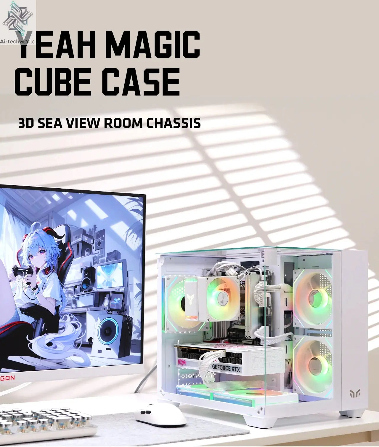 Yeah Magic CUBE PC Case Sea View Room Gaming Computer Desktop M-ATX ITX Motherboard Double-Sided Tempered Glass PC Gamer FANS*3 Ai-TechWorld 