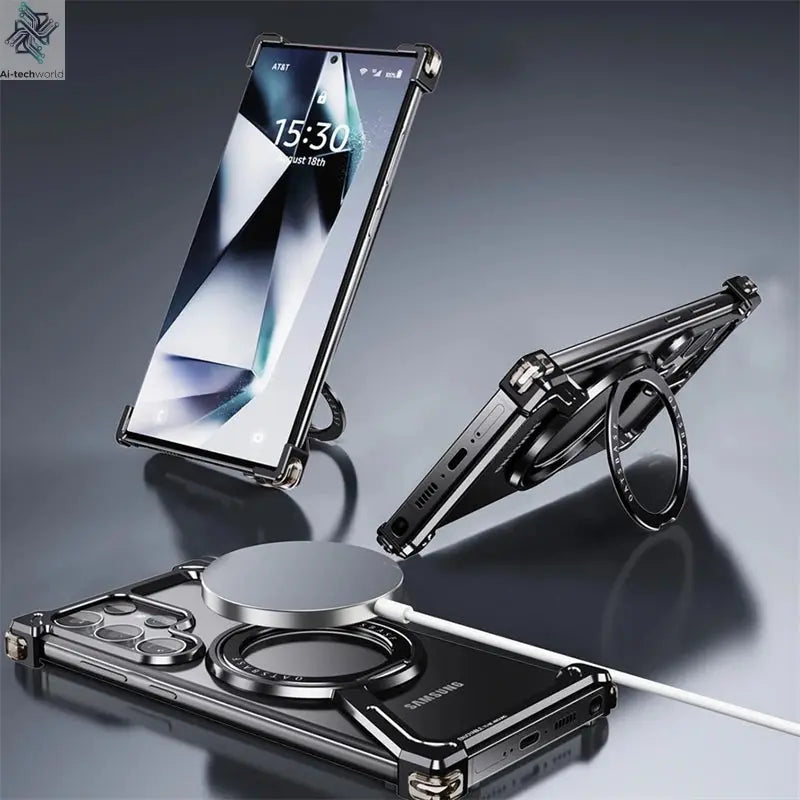 Z Shape Metal Frame Phone Case For Samsung Galaxy S24 Ultra Luxury Metal Frame With Magnetic Bracket Cover For Samsung S25 Ultra Ai-TechWorld 