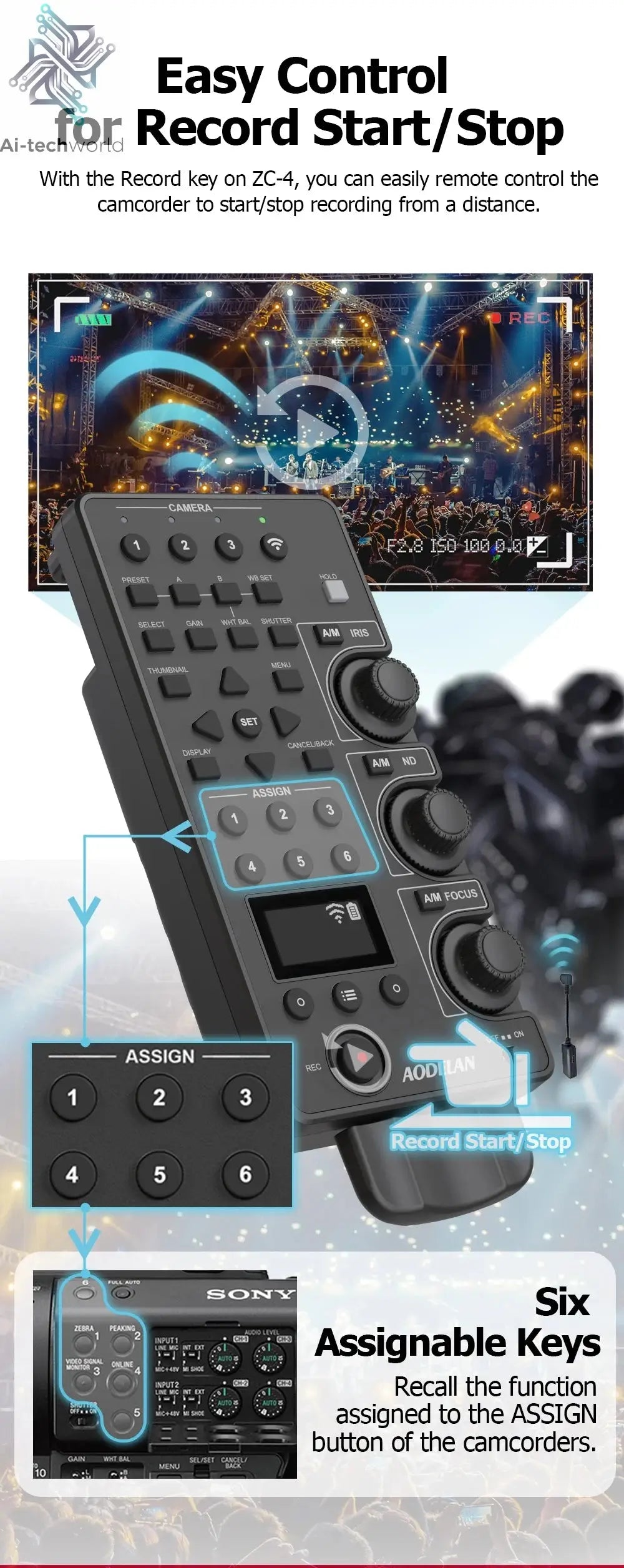 ZC-4 for Sony Camcorder Lanc Zoom Controller Replaces Sony RM-30BP for Video Zoom, Focus, IRIS, Recording, ND, White Balance Ai-TechWorld 