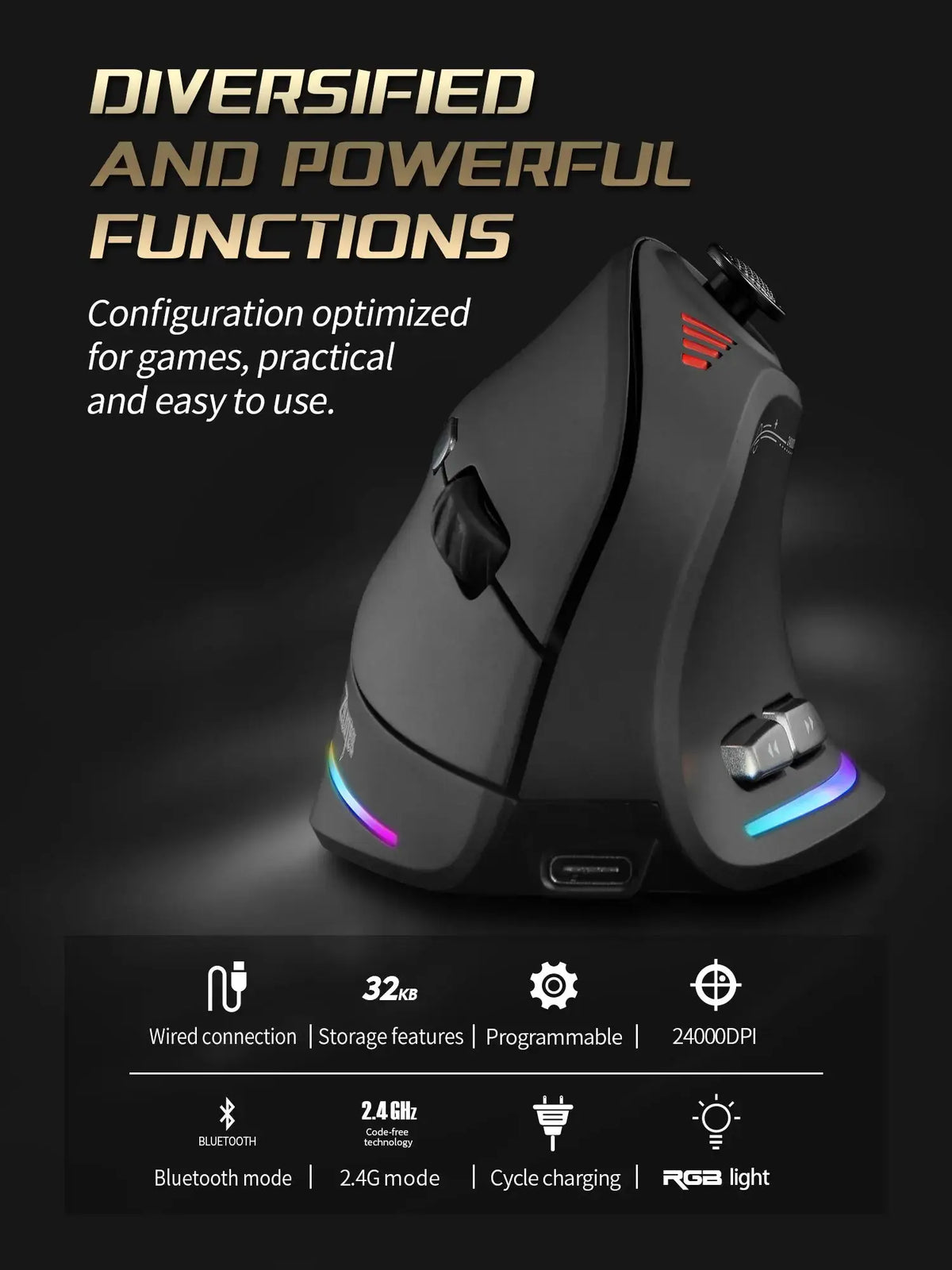 ZELOTES F18 Vertical Ergonomic Mouse 2.4G Wireless Mouse Bluetooth 24000DPI with Programming Gaming Mouse for PC Computer Laptop Ai-TechWorld 