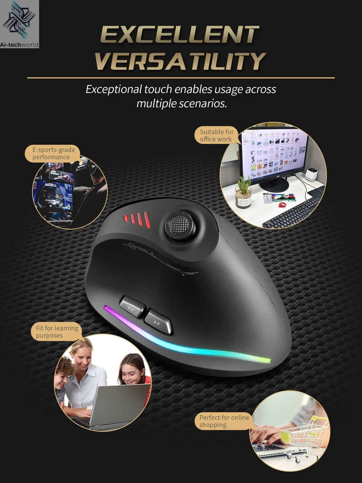 ZELOTES F18 Vertical Ergonomic Mouse 2.4G Wireless Mouse Bluetooth 24000DPI with Programming Gaming Mouse for PC Computer Laptop Ai-TechWorld 