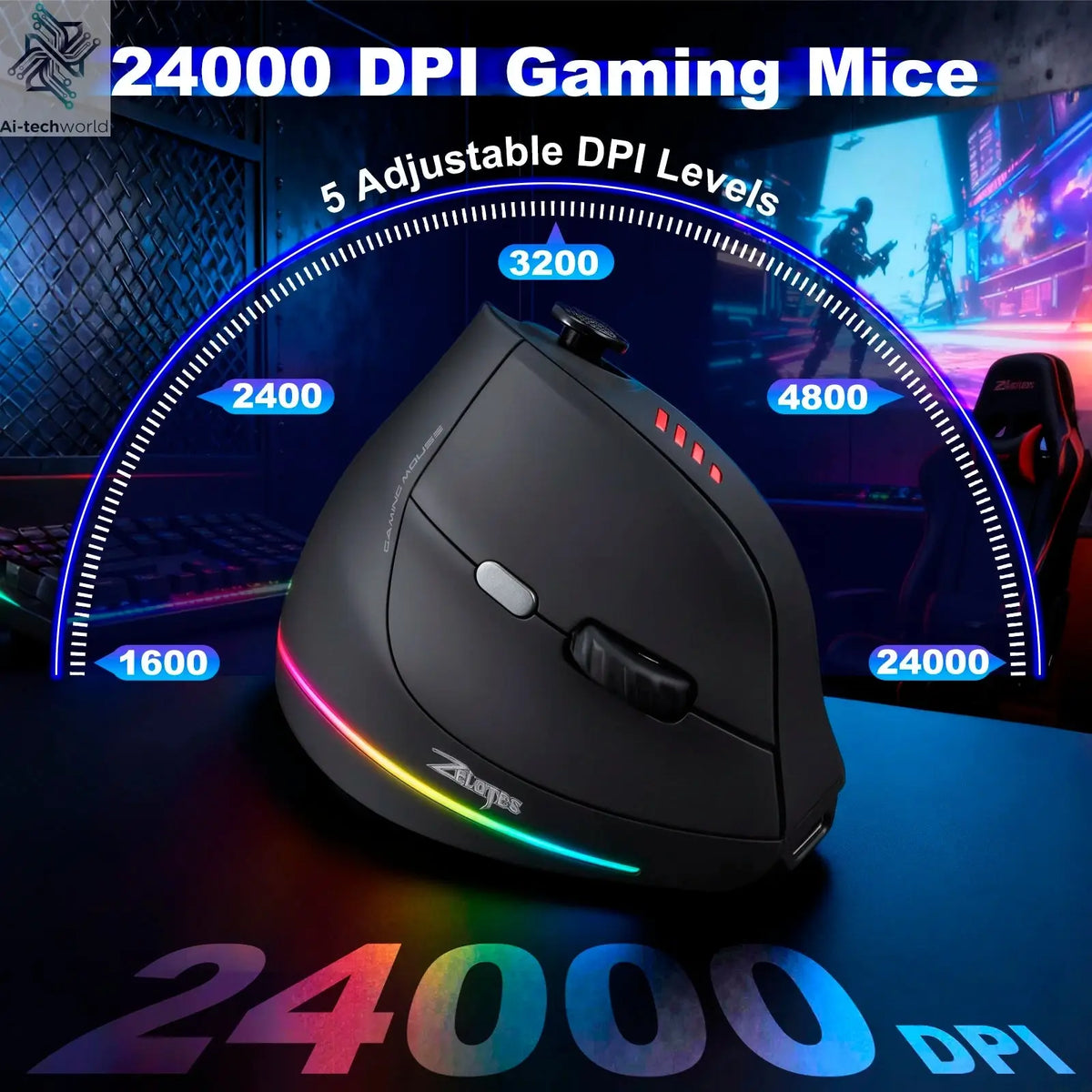 ZELOTES F18 Vertical Ergonomic Mouse 2.4G Wireless Mouse Bluetooth 24000DPI with Programming Gaming Mouse for PC Computer Laptop Ai-TechWorld 