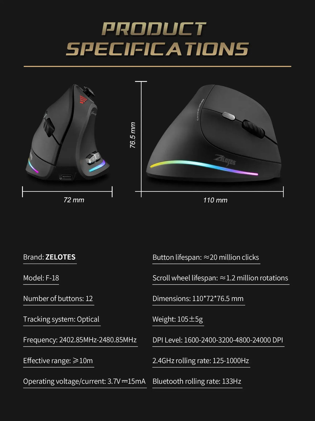 ZELOTES F18 Vertical Ergonomic Mouse 2.4G Wireless Mouse Bluetooth 24000DPI with Programming Gaming Mouse for PC Computer Laptop Ai-TechWorld 