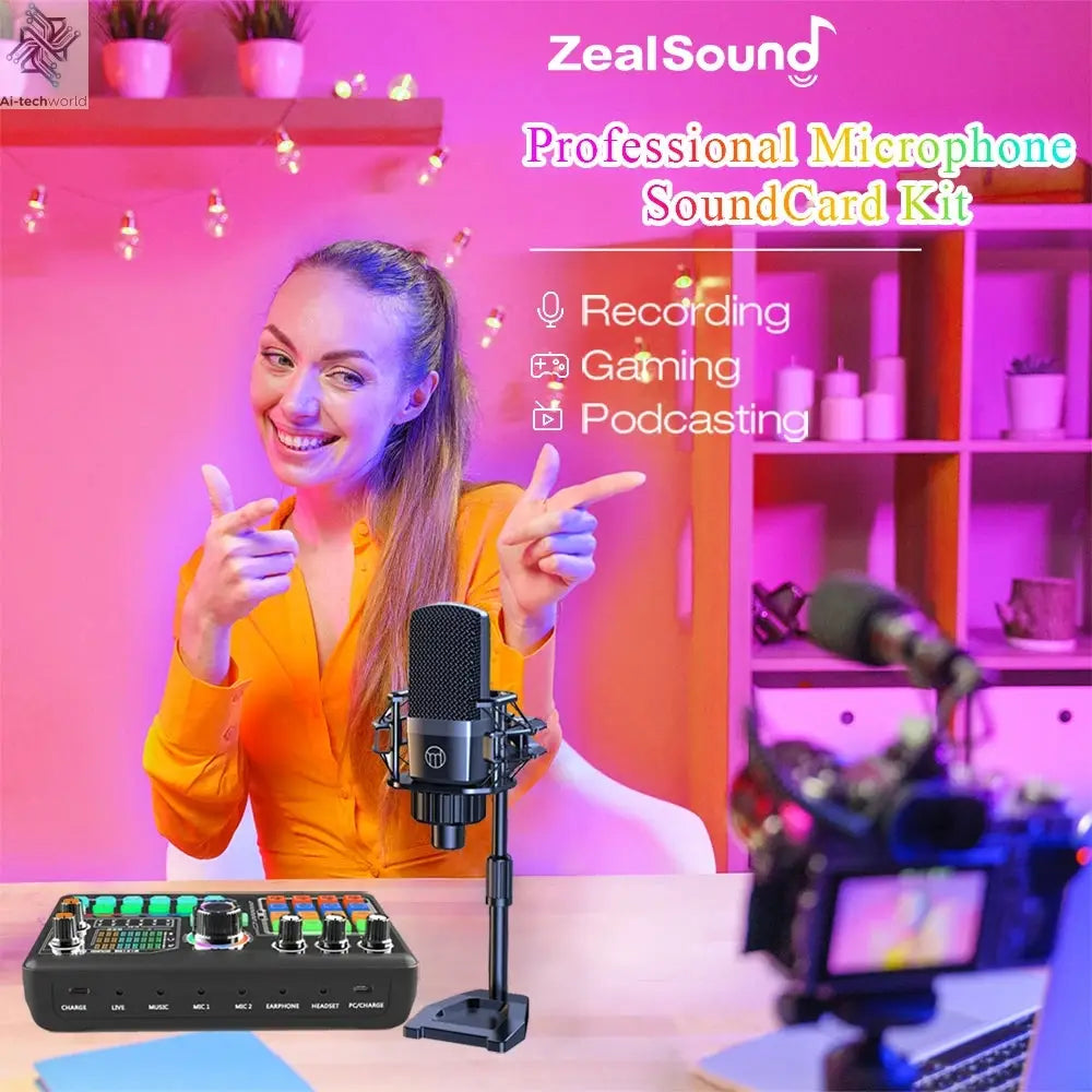Zealsound Professional Podcast Microphone SoundCard Kit for PC Smartphone Laptop Computer Vlog Recording Live Streaming YouTube Ai-TechWorld 