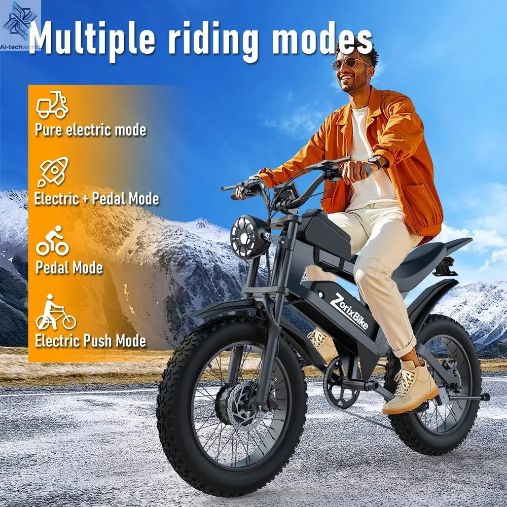 ZorixBike R8 Pro Electric Off-Road Bike 20x4" 3000W 35Mph 80Mile 48V 23Ah,7 Speed Wide Tire All Terrain E-Bike For Adult Ai-TechWorld 