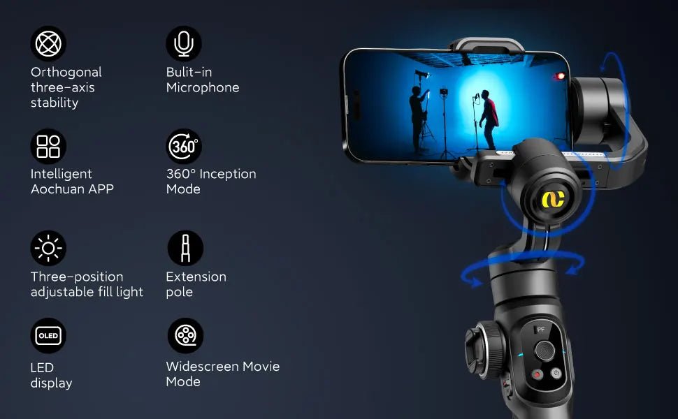 AOCHUAN SMART S2 Gimbal Stabilizer for Smartphone Professional Industry-Standard 3-Axis Phone Gimbal with Extendable Rod Ai-TechWorld