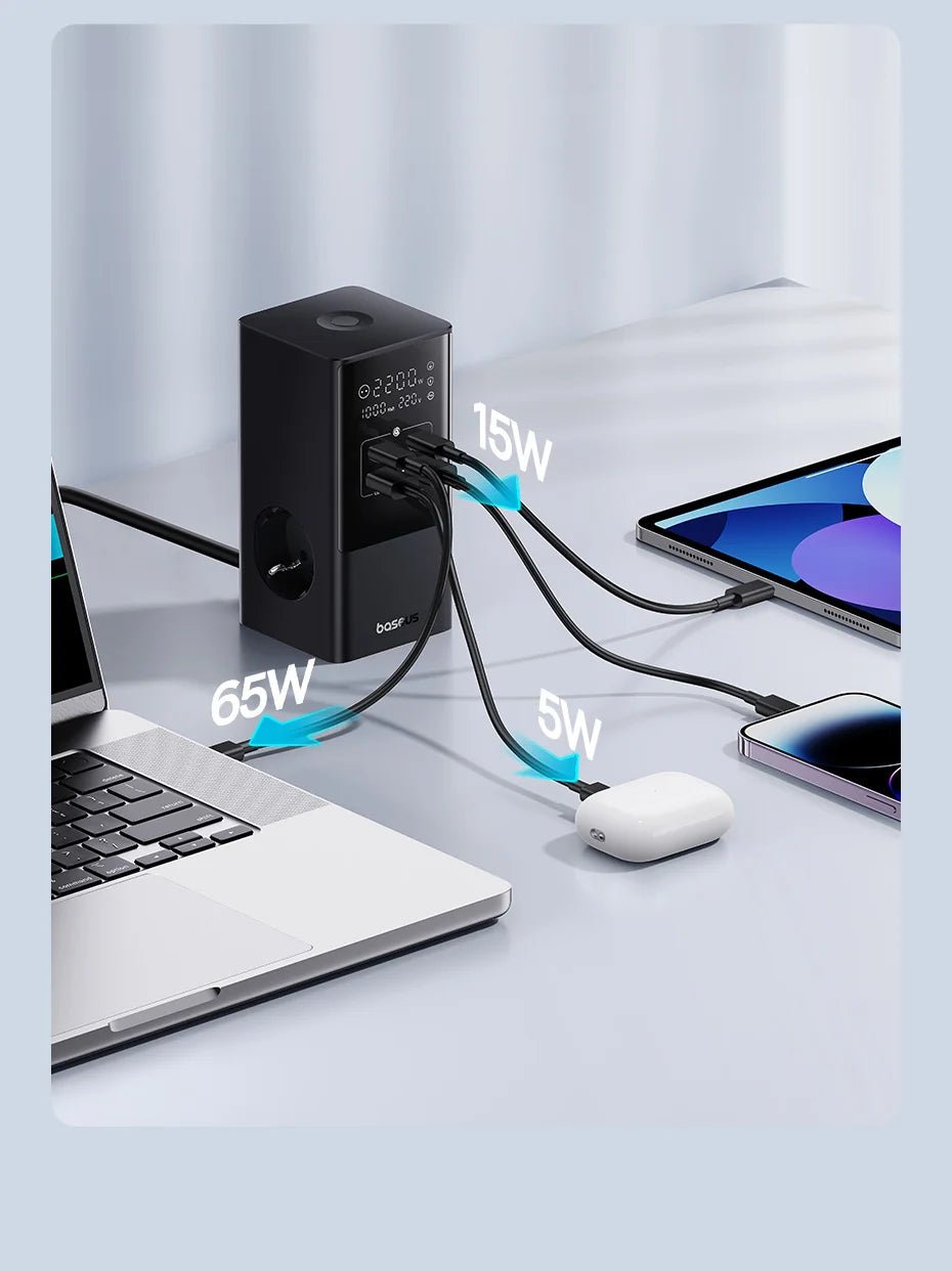 Baseus 100W Fast USB Charger 6 in 1 Power Strip Desktop Charging Station Surge Protector 4000W 2AC Out For Laptop iPhone Samsung Ai-TechWorld