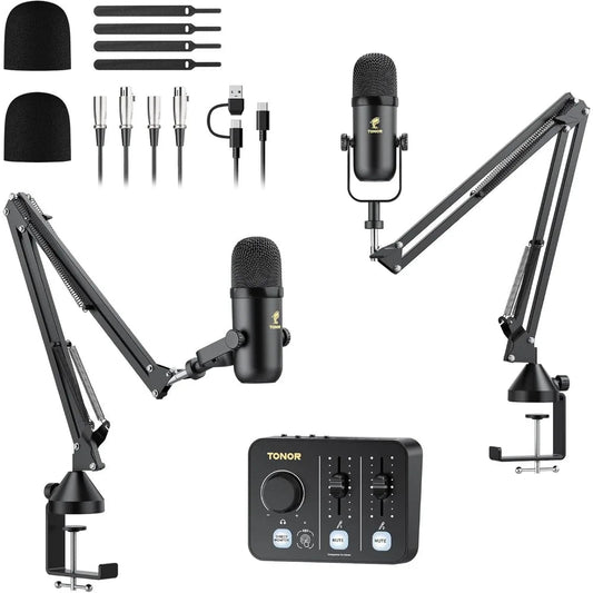Best - Podcast Equipment Bundle for 2, Audio Mixer with 2 Dynamic Microphone and 2 Boom Arm Set, XLR Mic with Studio Ai-TechWorld