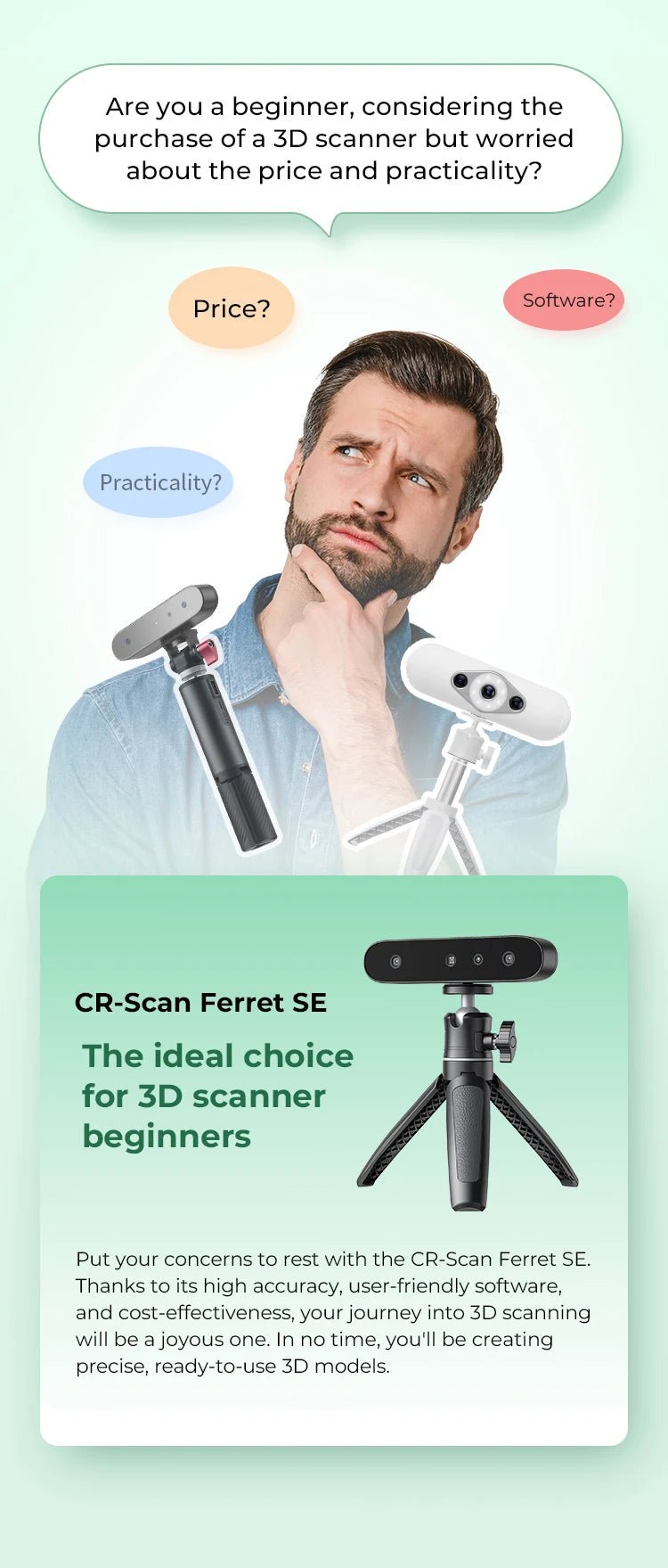 Creality CR-Scan Ferret SE 3D Scanner Anti-Shake Tracking 24-Bit Full Color Up to 0.05mm 30fps Scanning Speed 150-2000mm Ai-TechWorld