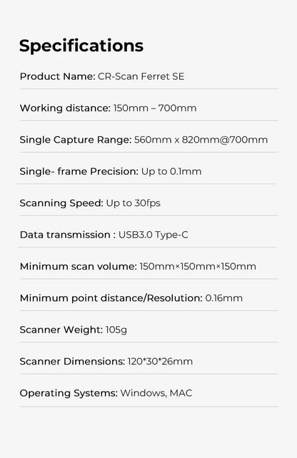 Creality CR-Scan Ferret SE 3D Scanner Anti-Shake Tracking 24-Bit Full Color Up to 0.05mm 30fps Scanning Speed 150-2000mm Ai-TechWorld