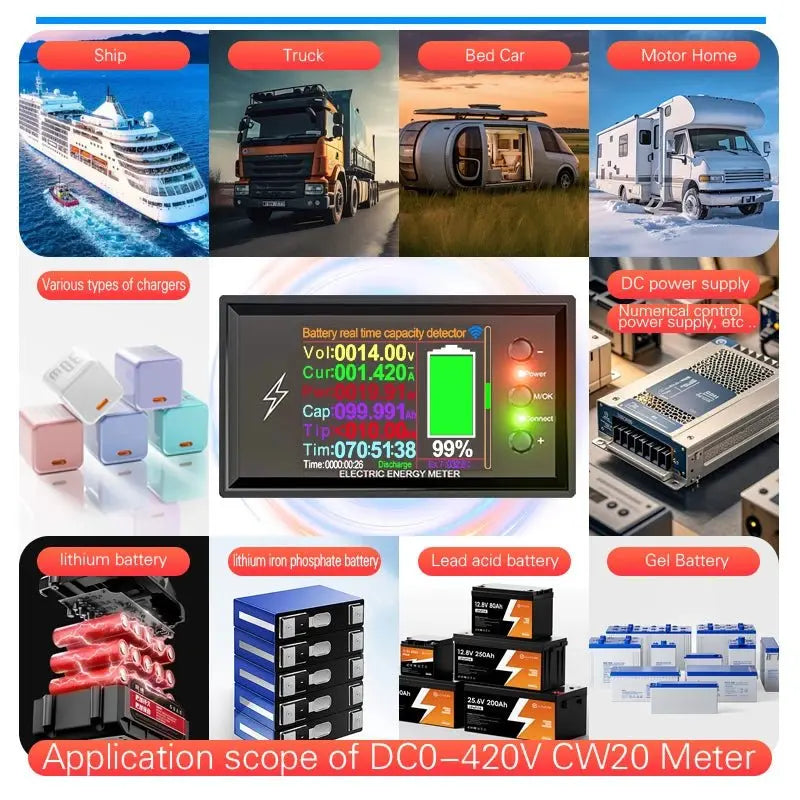 CW20 DC0 - 420V WiFi Tuya Smart Digital Lithium Battery Capacity Detection Tester DC Display Voltage Current Power Coulomb Meter - Ai - TechWorld