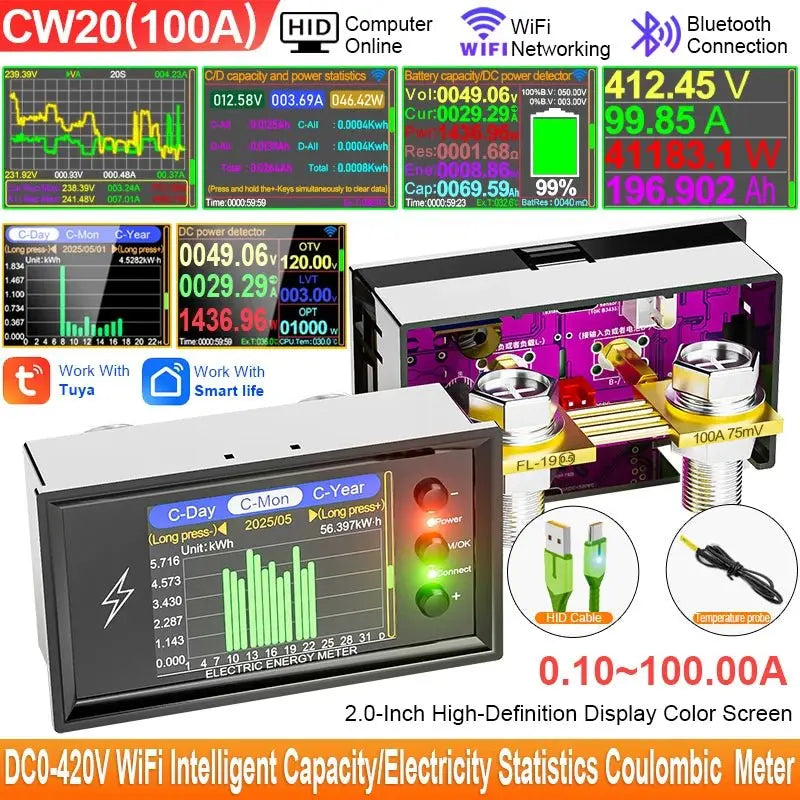 CW20 DC0 - 420V WiFi Tuya Smart Digital Lithium Battery Capacity Detection Tester DC Display Voltage Current Power Coulomb Meter - Ai - TechWorld