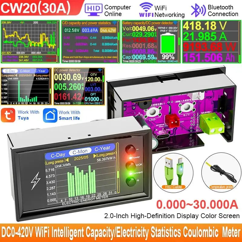 CW20 DC0 - 420V WiFi Tuya Smart Digital Lithium Battery Capacity Detection Tester DC Display Voltage Current Power Coulomb Meter - Ai - TechWorld