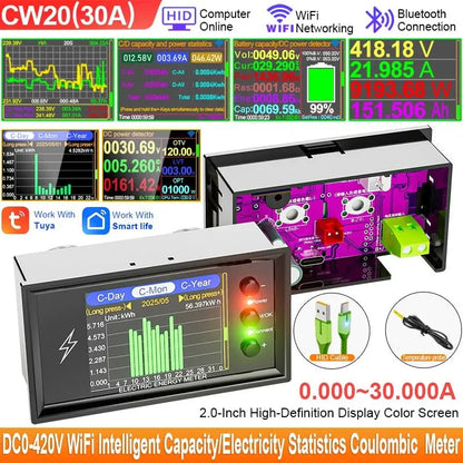 CW20 DC0 - 420V WiFi Tuya Smart Digital Lithium Battery Capacity Detection Tester DC Display Voltage Current Power Coulomb Meter - Ai - TechWorld