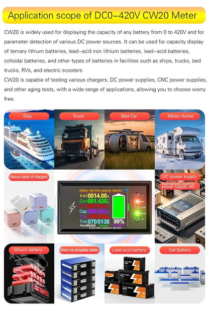 CW20 DC0 - 420V WiFi Tuya Smart Digital Lithium Battery Capacity Detection Tester DC Display Voltage Current Power Coulomb Meter - Ai - TechWorld