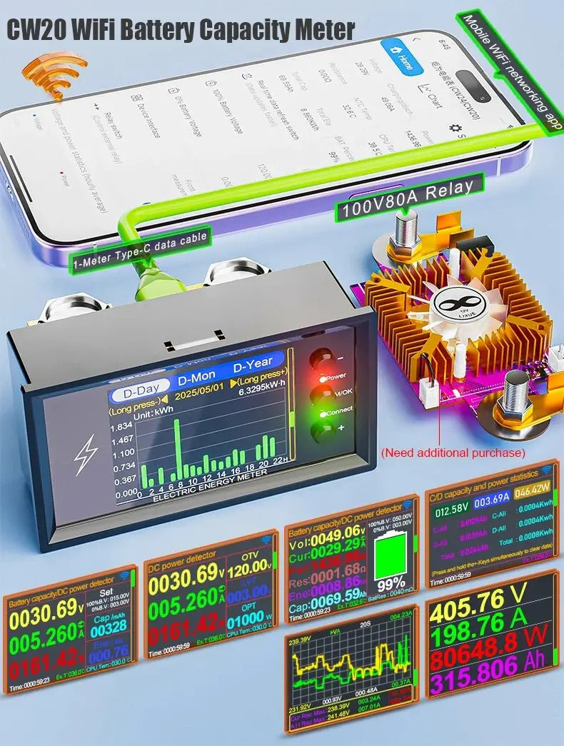 CW20 DC0 - 420V WiFi Tuya Smart Digital Lithium Battery Capacity Detection Tester DC Display Voltage Current Power Coulomb Meter - Ai - TechWorld