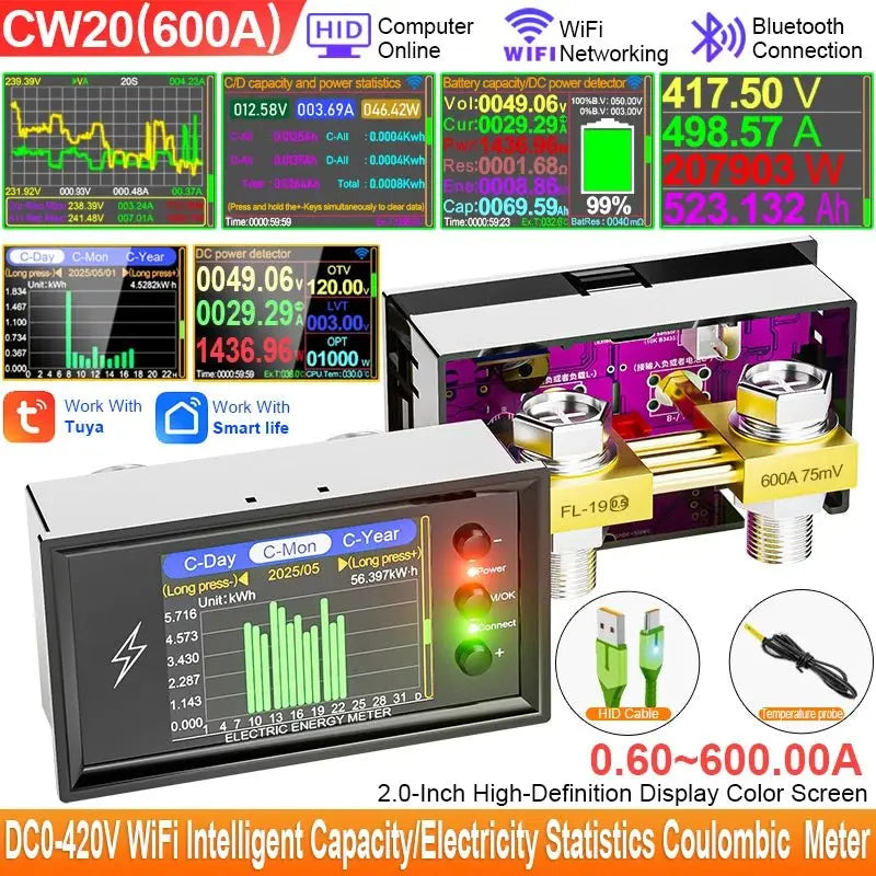 CW20 DC0 - 420V WiFi Tuya Smart Digital Lithium Battery Capacity Detection Tester DC Display Voltage Current Power Coulomb Meter - Ai - TechWorld