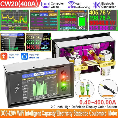 CW20 DC0 - 420V WiFi Tuya Smart Digital Lithium Battery Capacity Detection Tester DC Display Voltage Current Power Coulomb Meter - Ai - TechWorld