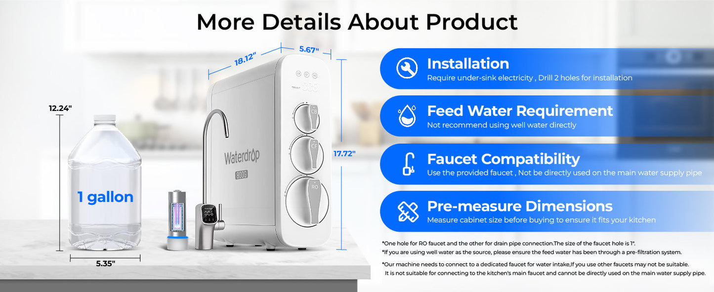Waterdrop G3P800 Reverse Osmosis System, 800 GPD Fast Flow, NSF/ANSI 42 & 53 & 58 & 372 Certified, 3:1 Pure to Drain Ai-TechWorld 