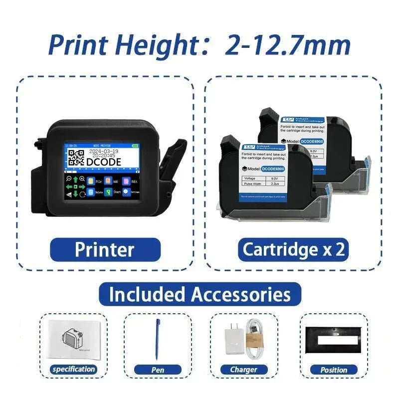 DCODE XMINI 12.7mm Portable Mini Printer Handheld Inkjet Printer Text QR Barcode Image Batch Number Logo Image Coding Machine Ai-TechWorld