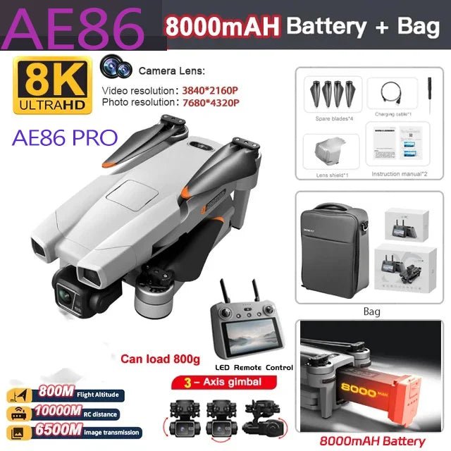Drone professionnel AE86 PRO Max avec caméra HD 8K, cardan 3 axes, photographie aérienne, évitement d'obstacles, FPV GPS, quadri Ai-TechWorld