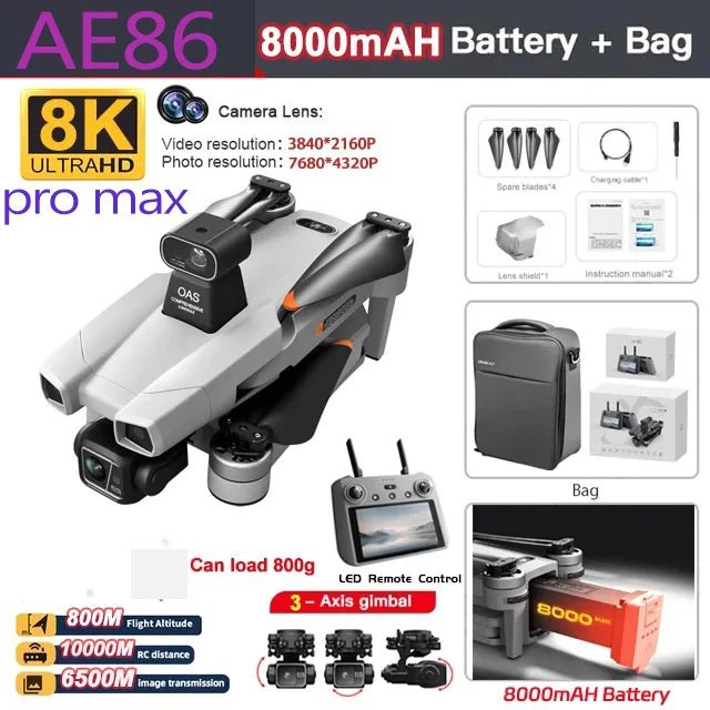 Drone professionnel AE86 PRO Max avec caméra HD 8K, cardan 3 axes, photographie aérienne, évitement d'obstacles, FPV GPS, quadri Ai-TechWorld
