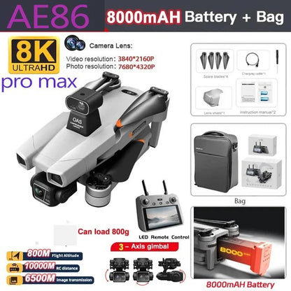 Drone professionnel AE86 PRO Max avec caméra HD 8K, cardan 3 axes, photographie aérienne, évitement d'obstacles, FPV GPS, quadri Ai-TechWorld