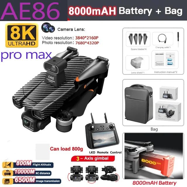 Drone professionnel AE86 PRO Max avec caméra HD 8K, cardan 3 axes, photographie aérienne, évitement d'obstacles, FPV GPS, quadri Ai-TechWorld