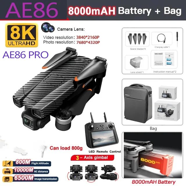 Drone professionnel AE86 PRO Max avec caméra HD 8K, cardan 3 axes, photographie aérienne, évitement d'obstacles, FPV GPS, quadri Ai-TechWorld
