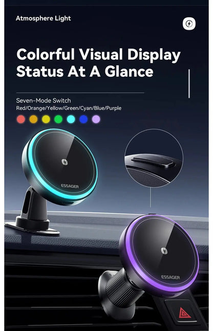 Essager Magnetic Car Phone Holder 15W Wireless Charger Stand For iPhone 17 16 15 14 Max Car Mount Charger for Magsafe LED Light - Ai - TechWorld