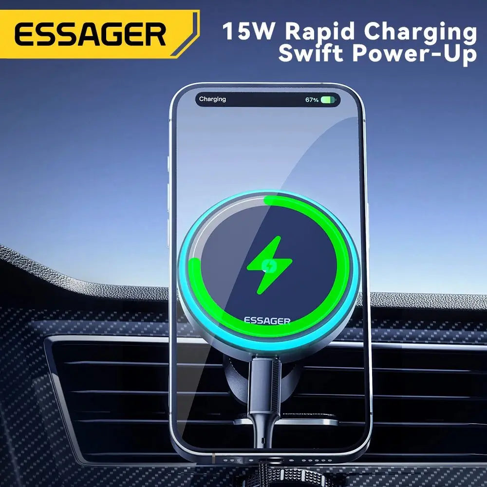 Essager Magnetic Car Phone Holder 15W Wireless Charger Stand For iPhone 17 16 15 14 Max Car Mount Charger for Magsafe LED Light - Ai - TechWorld