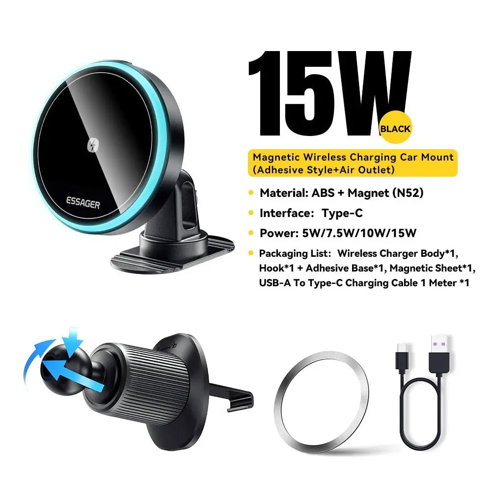 Essager Magnetic Car Phone Holder 15W Wireless Charger Stand For iPhone 17 16 15 14 Max Car Mount Charger for Magsafe LED Light - Ai - TechWorld