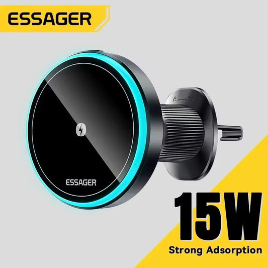 Essager Magnetic Car Phone Holder 15W Wireless Charger Stand For iPhone 17 16 15 14 Max Car Mount Charger for Magsafe LED Light - Ai - TechWorld